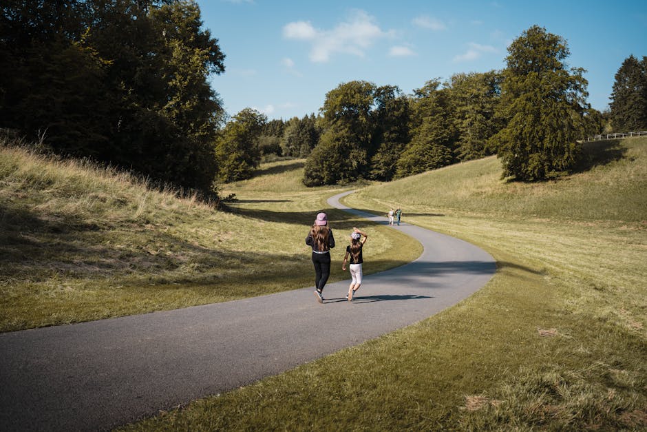 A paved footpath winding through a lush, green park landscape on a clear day with blue skies. Two women, one adult and one child, are walking along the path; the woman is dressed in dark clothing with a pink hat, and the girl is wearing a black top, white pants, and a hat, carrying a bag on her shoulder. In the background, other groups of people are seen walking further along the trail, with trees and open grassy areas on either side. The scene highlights a peaceful outdoor environment suitable for leisure walks or family outings. Although the image depicts a recreational setting, it subtly emphasizes the importance of accessible pathways and natural scenery often considered in local park planning and home relocation logistics near residential areas such as Osterley, as referenced in the moving guide. This peaceful park environment can be relevant when planning house moves, packing, and transportation logistics, considering the natural surroundings near residential communities in Osterley.